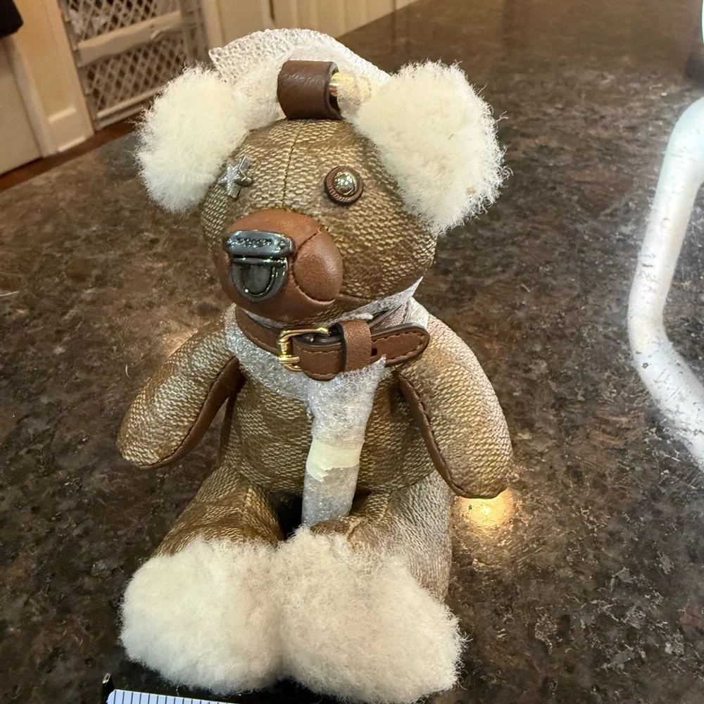 Rare Coach Monogram Tan and Cream Sitting Teddy Bear Keychain